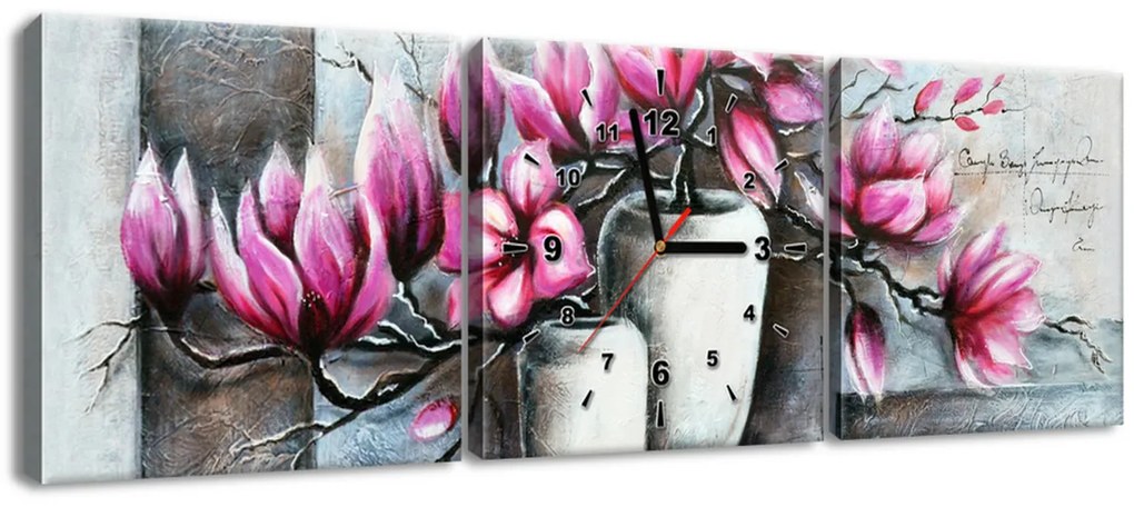 Gario Obraz s hodinami Ružové magnólie vo váze - 3 dielny Rozmery: 90 x 30 cm