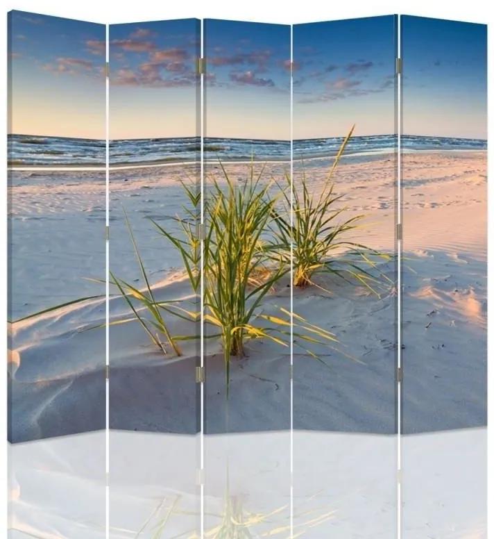 Ozdobný paraván, Fialové světlo nad pláží - 180x170 cm, päťdielny, obojstranný paraván 360°