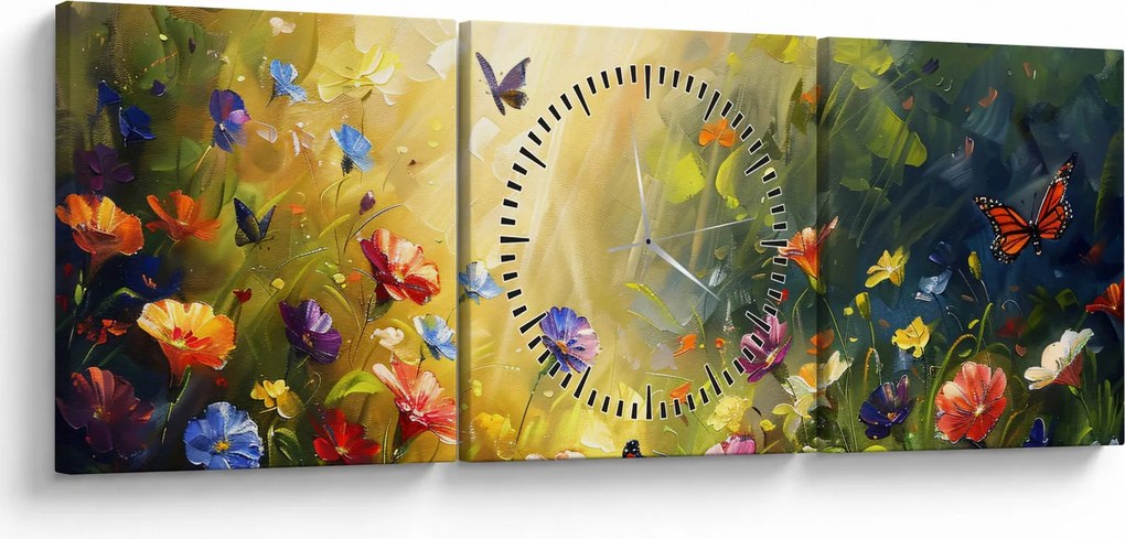 Obraz - Jarná kvetinová lúka, maľba (s hodinami) (90x30 cm)