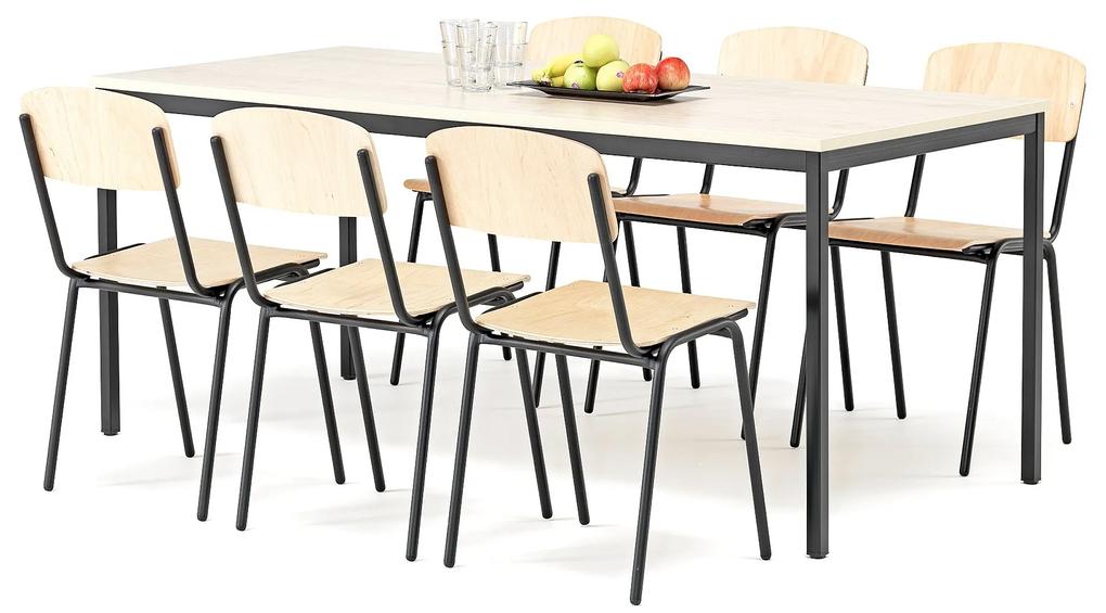 Jedálenská zostava: stôl + 6 stoličiek, 1800x800 mm, breza / čierna