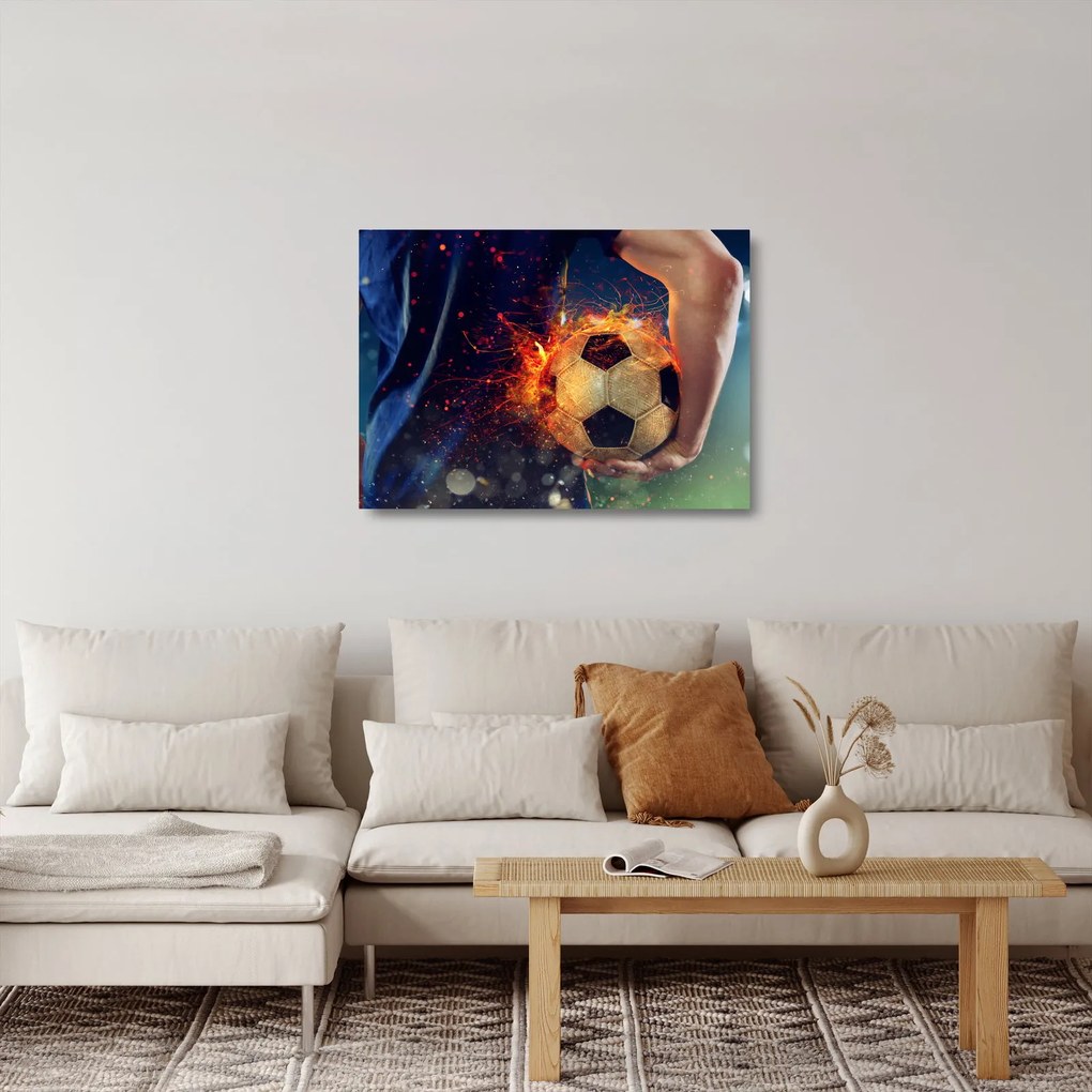 Sklenený obraz - Futbalová lopta v ohni (70x50 cm)