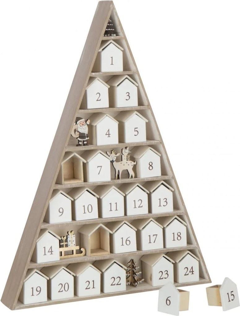 Drevený adventný kalendár v tvare stromčeka a domčekov biely – 32*5,5*45 cm