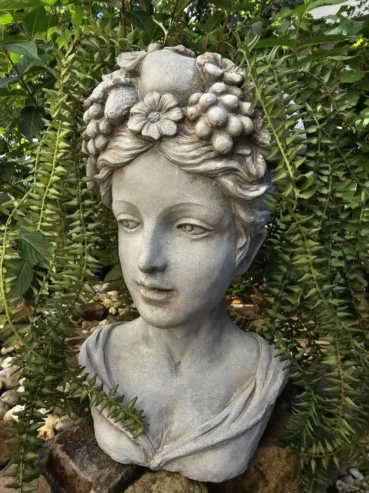 Šedý antik cementový kvetináč hlava ženy s kvetmi - 22*21*35 cm