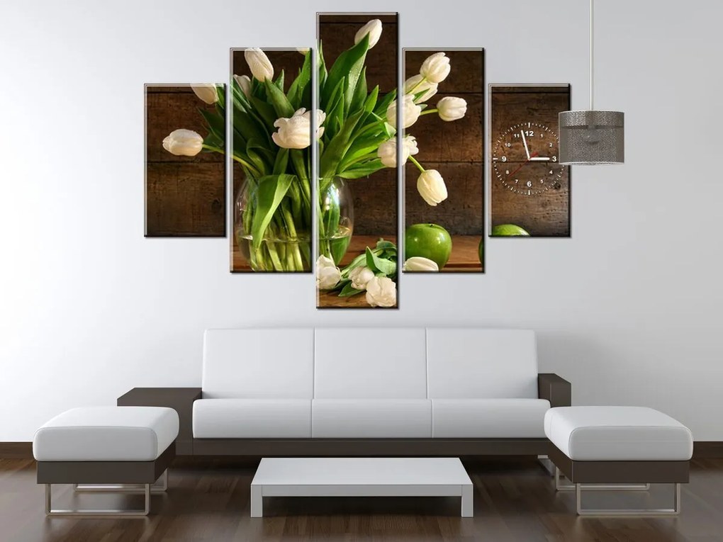 Gario Obraz s hodinami Očarujúce biele tulipány - 5 dielny Rozmery: 150 x 105 cm
