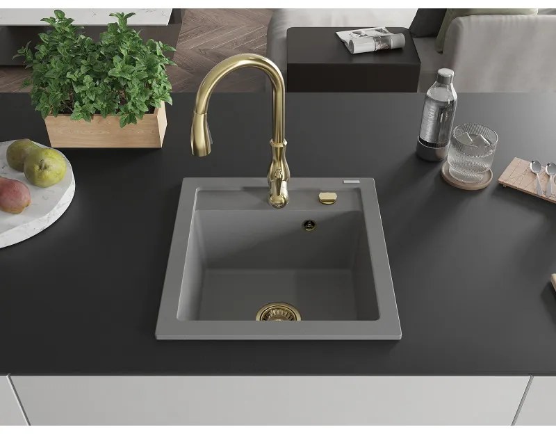 Mexen Vito, 1-komorový granitový drez 520x490x210 mm a drezová batéria Savita, šedá, 6503-71-672601-50