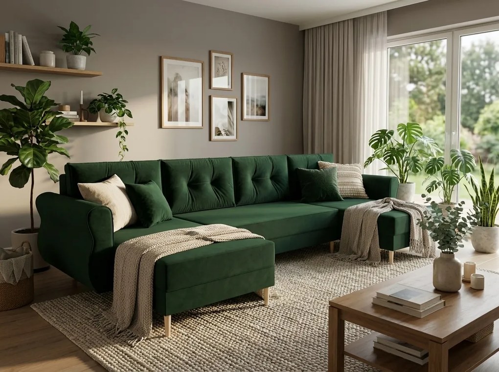 Rozkladacia sedacia súprava do U SILVIANO 300x140 cm, tmavozelená + 2 vankúšiky ZDARMA
