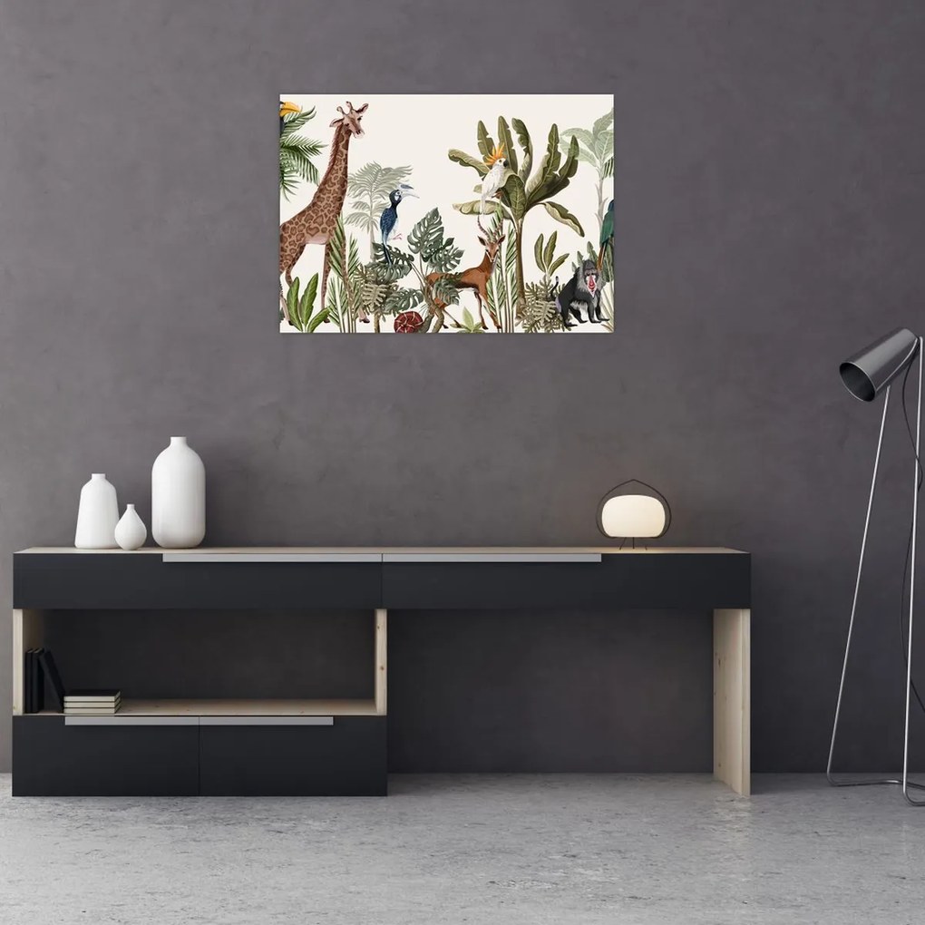 Sklenený obraz - Džungľa plná zvieratiek (70x50 cm)