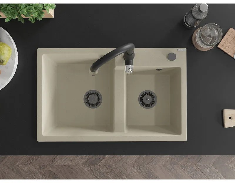 Mexen Tomas, granitový drez 800x500x190 mm, 2-komorový a drezová batéria Savita, béžová, 6516-69-672601-70