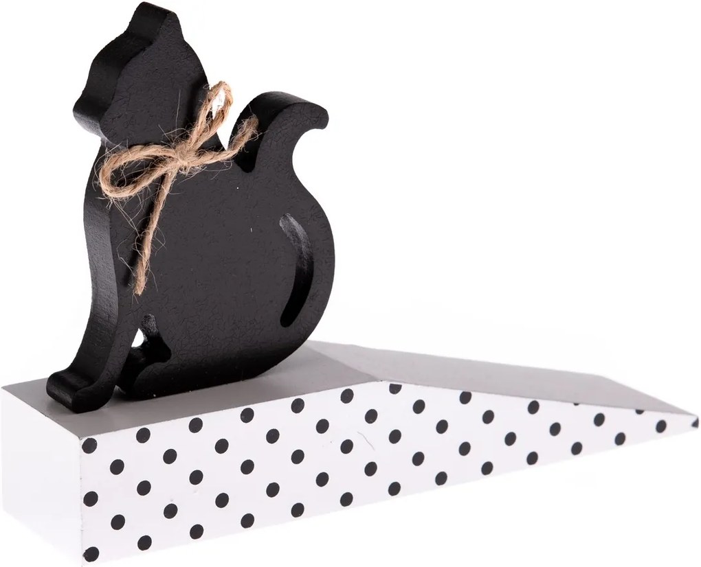 Drevená dverná zarážka s mačkou, čierna bodka, 17,5 x 10 x 4 cm