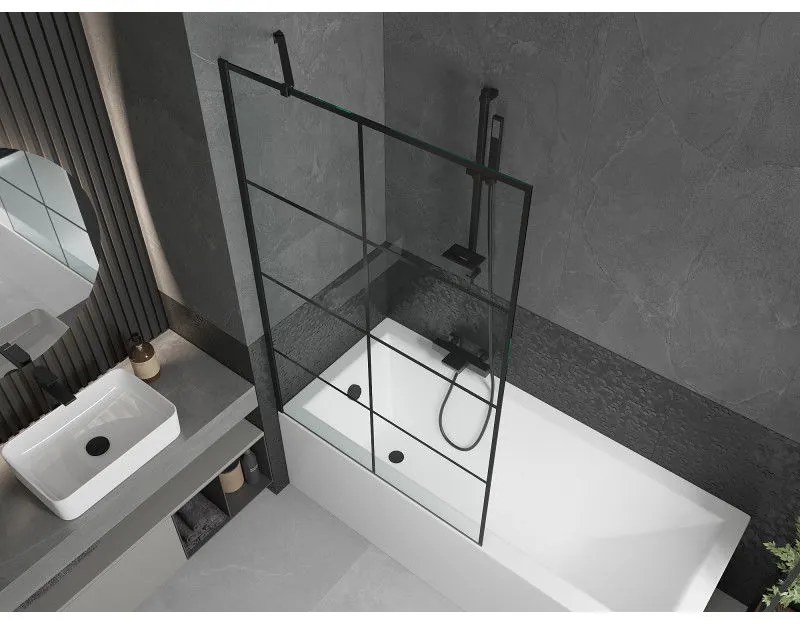 Mexen Next, vaňová zástena 1-krídlová 100 x 150 cm, fixné krídlo, 6 mm číre sklo s čiernym vzorom, čierny profil, 895-100-000-00-77-70