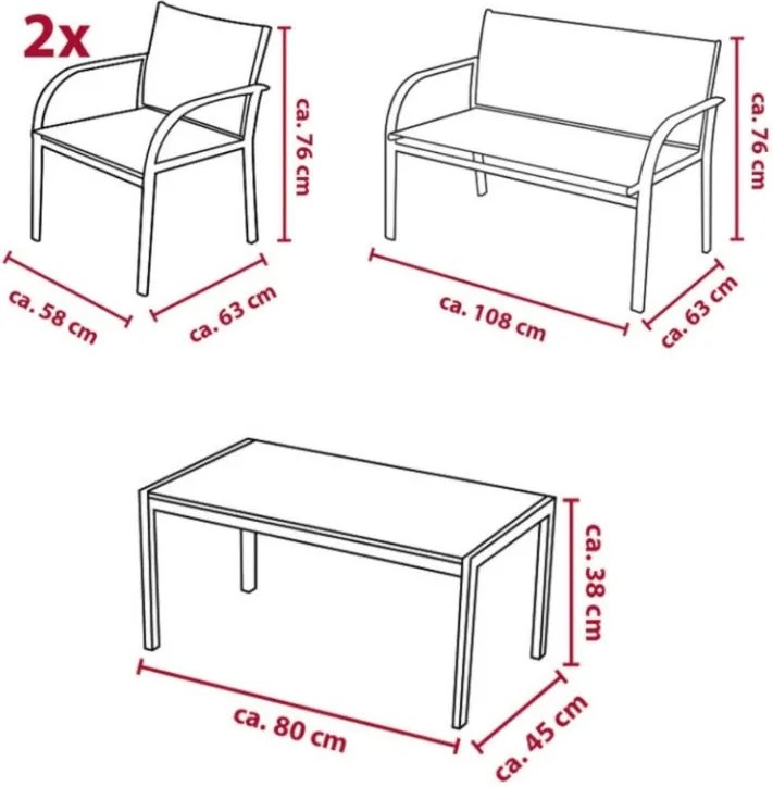 Záhradný set LOUNGE s kreslami, lavicou a stolíkom, sivý