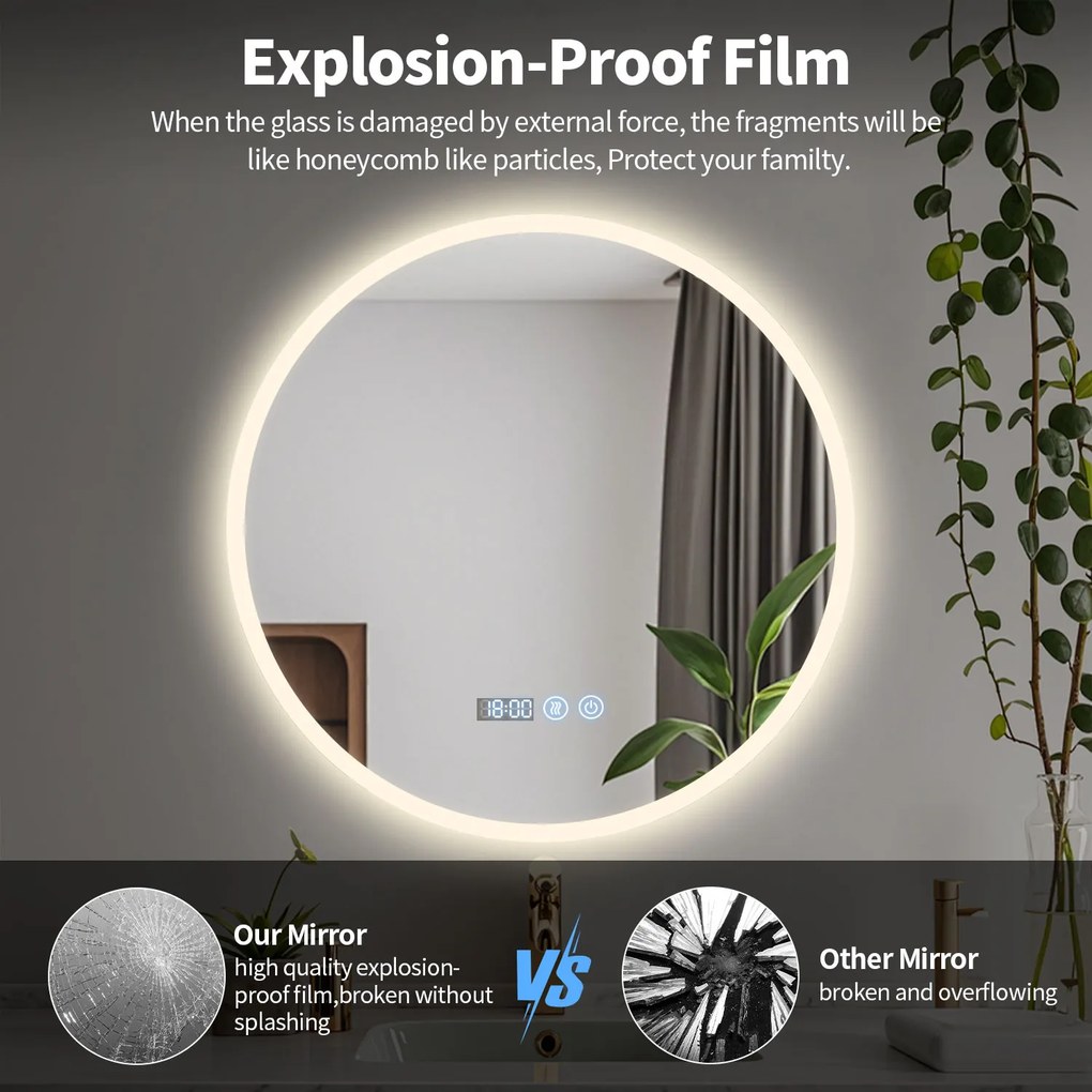 Erga Deam, okrúhle LED zrkadlo 90cm, 3 farby svetla, predné osvetlenie, vyhrievacia podložka proti zapareniu, ERG-V01-Deam-9090-CL