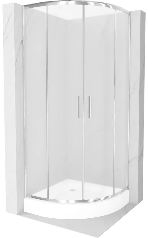 Mexen Rio, štvrťkruhový sprchovací kút s posuvnými dverami 80 x 80 cm, 6mm sklo námraza, chrómový profil + biela vysoká sprchová vanička Rio, 863-080-080-01-30-4710