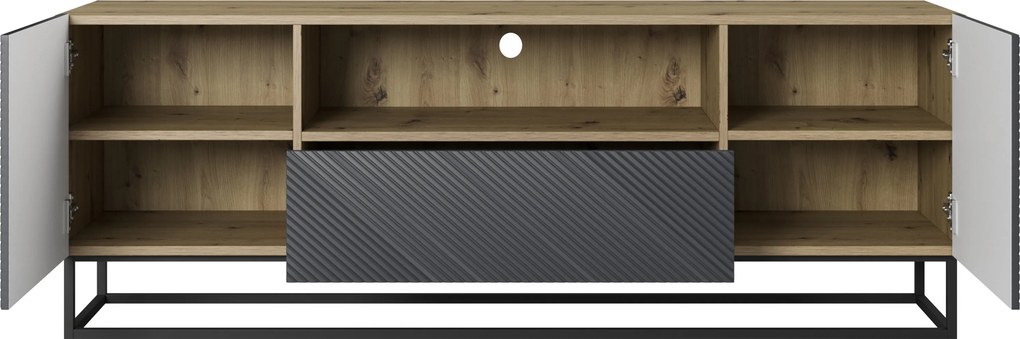 TV stolík Asha 167 cm so zásuvkou a kovovou podnožou - artisan / rivier stone mat