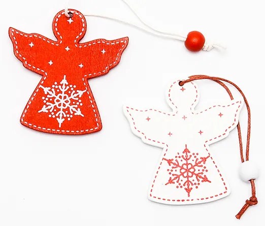 DECOLED Drevený anjel, 5x6 cm, červeno-biely, 12 ks/balenie.