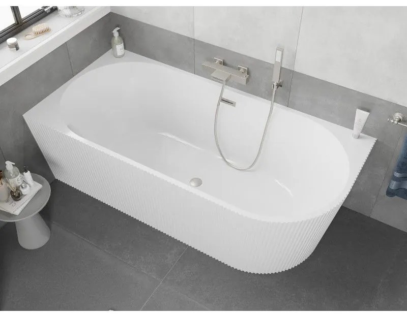 Mexen Silo, rohová voľne stojaca ryhovaná vaňa, ľavá, 170 x 80 cm, biela lesklá, oceľový prepad, 52891708000L-97