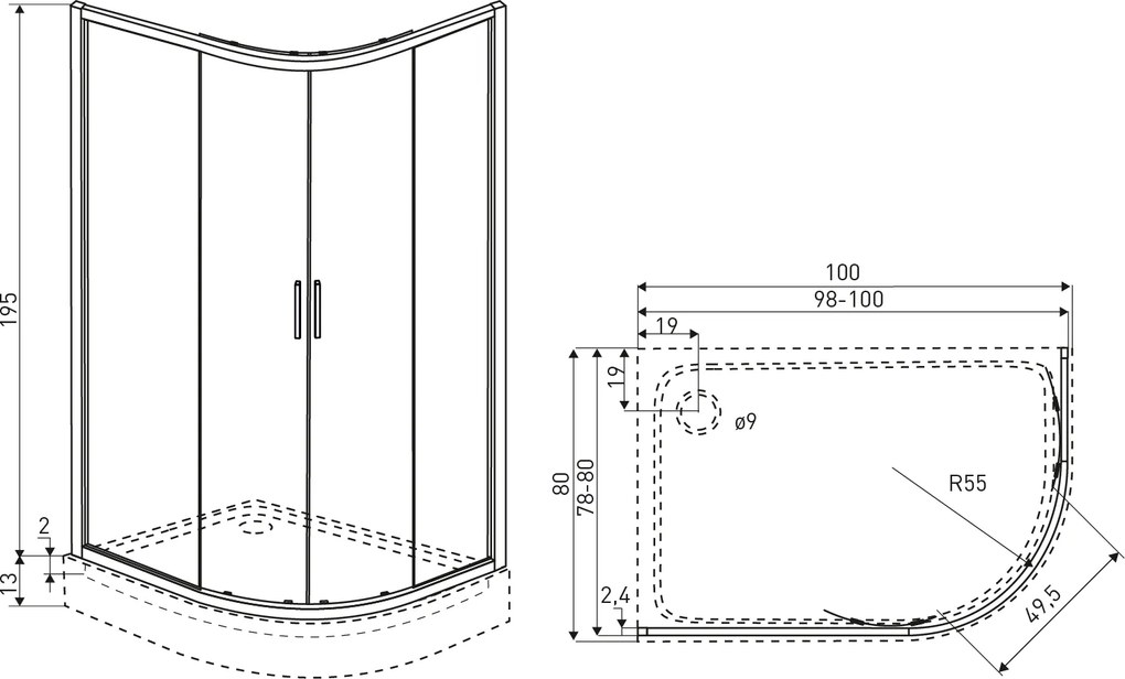 Novoterm Asymetrický sprchový kút NV-Solid RA CHR 80x100, chróm/transparent - bez vaničky