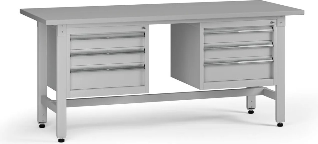 Výškovo nastaviteľný dielenský stôl G5, 1800 x 750 x 800-1000 mm, 2x kontajner, 6 zásuviek, sivá