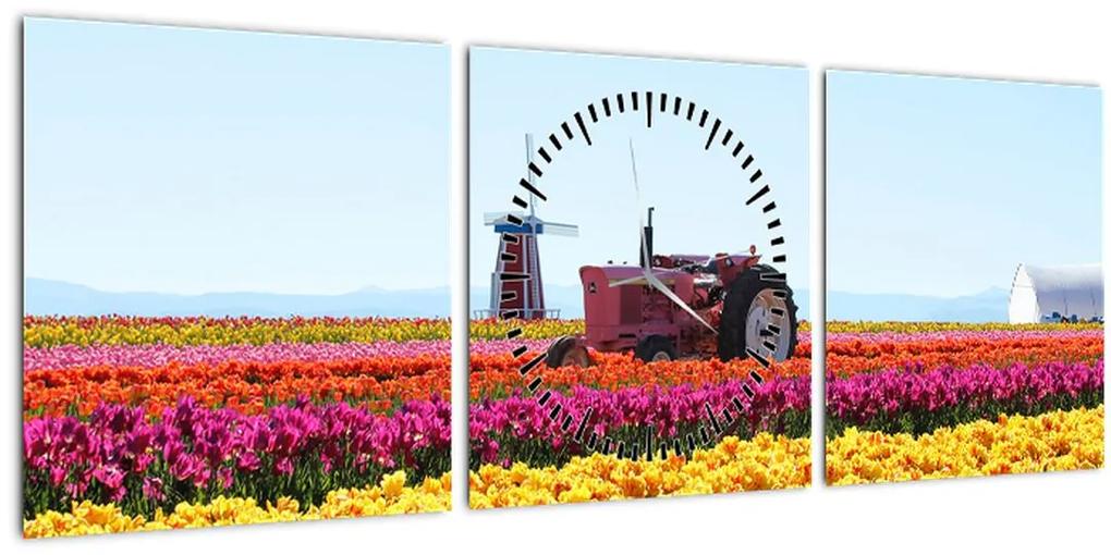 Obraz tulipánové farmy (s hodinami) (90x30 cm)