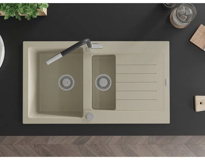 Mexen Matias, 1,5-komorový granitový drez 900x505x200 mm a drezová batéria Flora, béžová, 6502-69-670401-07