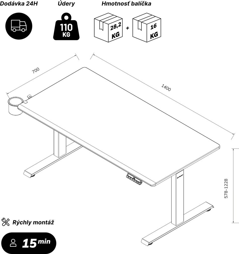 Elektrický stôl s reguláciou výšky ergonomický antracitový/orech,1400x700 mm: ARIA