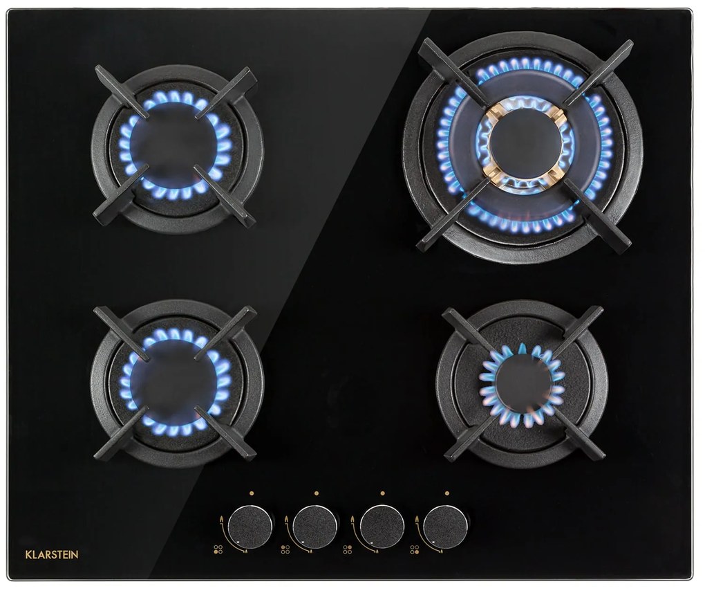 Klarstein Goldflame 4, plynová varná doska, 4 mosadzné horáky, sklokeramika