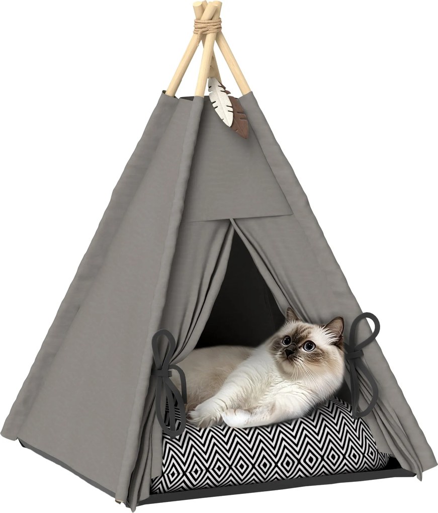 PawHut Teepee stan pre mačky a psov, stan s odnímateľným a prateľným vankúšom, domček pre mačky s protišmykovým dnom, s hračkou, pre mačky do 5 kg a m