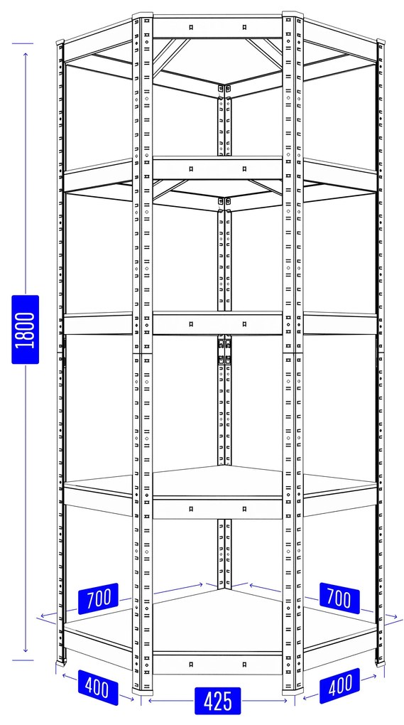 Fistar Rohový regál 1800x700x400x425 mm lakovaný 5-policový, nosnosť 750 kg - ČIERNY