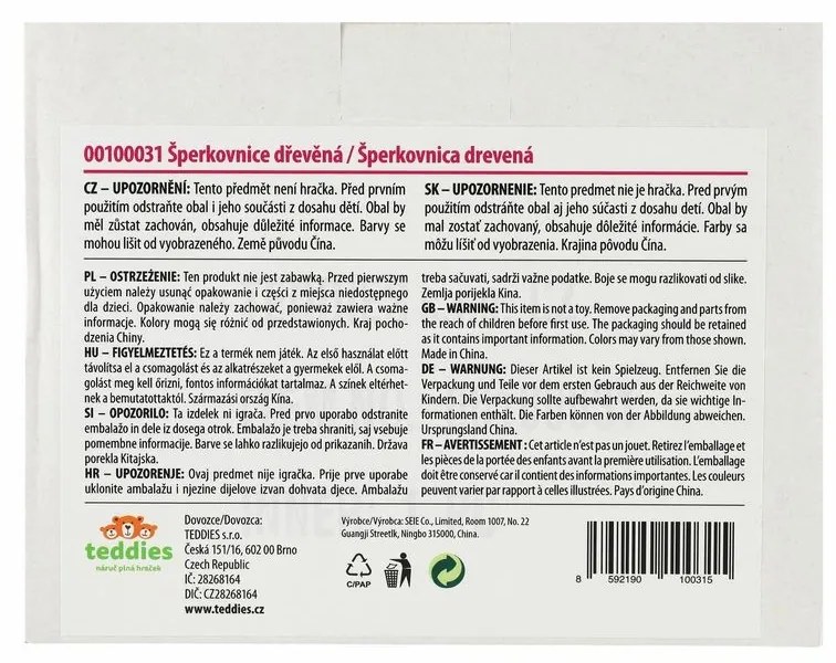Skrinka šperkovnica Princess 3 zásuvky, odklápací vrch so zrkadielkom, 16x12,5x12cm, drevo