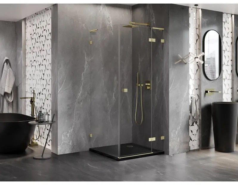 Mexen Lunar, L výklopný sprchový kút pravý 70 x 70 cm, 8mm číre sklo, zlatý kartáčovaný - 834L-070-070-55-00-P