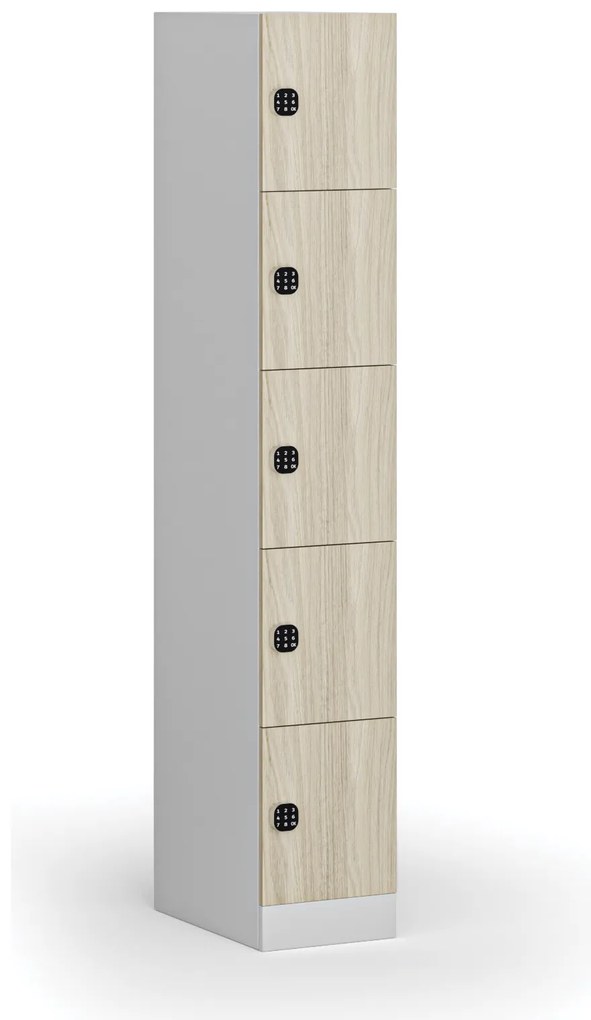 Šatníková skrinka S1 s úložnými boxmi, 5 boxov, 1850 x 300 x 500 mm, kódový zámok, laminované dvere, dub prírodný