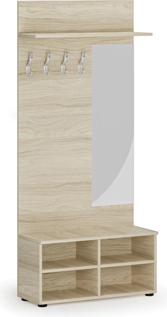 Vešiaková stena s botníkom a zrkadlom HORIZONT, 4 háčiky, polica, roky vodorovne, dub prírodný