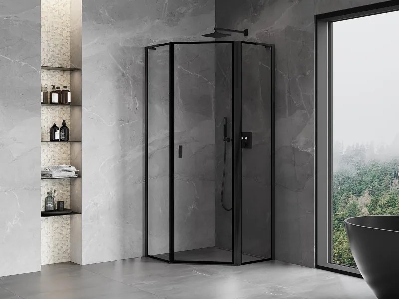 Mexen Mist L, päťuholníkový sprchový kút s krídlovými dverami, 90 x 90 cm, 8mm číre sklo, čierny profil, 8A8L-090-090-70-70-P