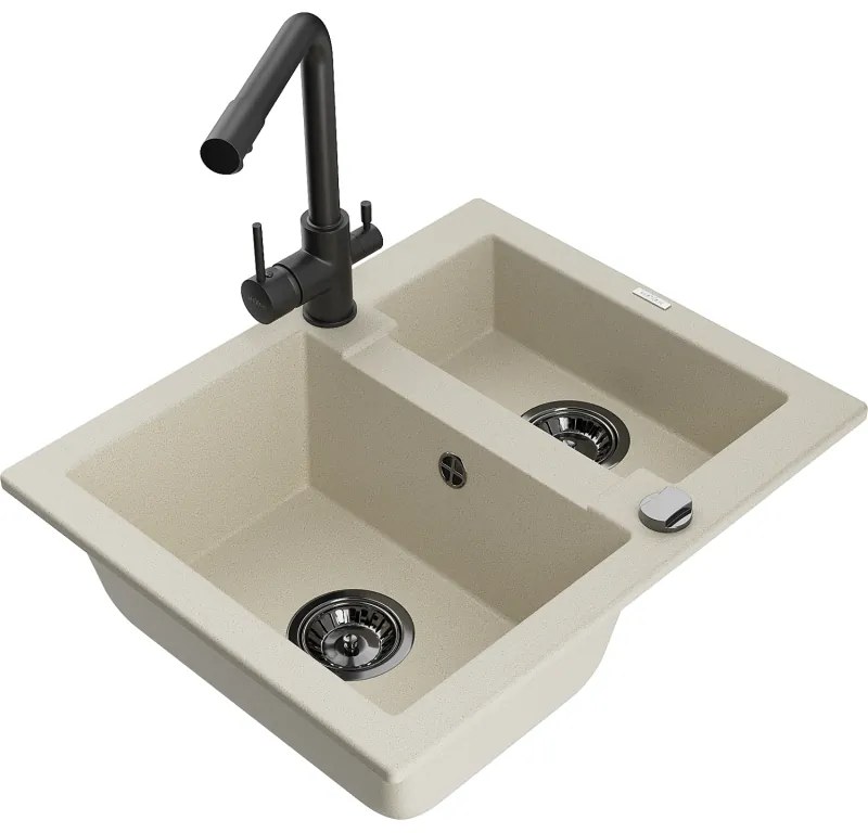 Mexen Carlos, 1,5-komorový granitový drez 582x475x177 mm a drezová batéria Duero, béžová, 6518-69-671600-70