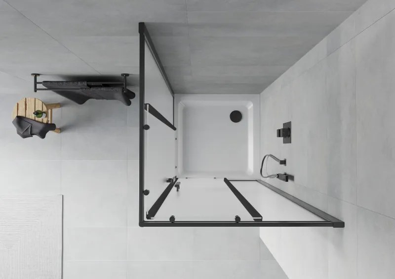 Mexen Rio, štvorcový sprchovací kút s posuvnými dverami 80(dvere) x 80(dvere) x 190 cm, 6mm sklo námraza, čierny profil + biela sprchová vanička SLIM, 860-080-080-70-30-4010B