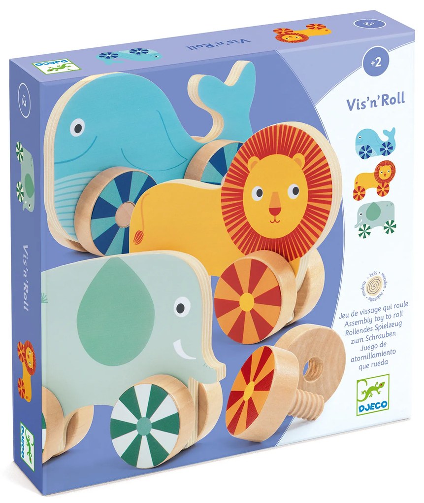 Zvieratá na kolieskach – drevená skrutkovacia hra