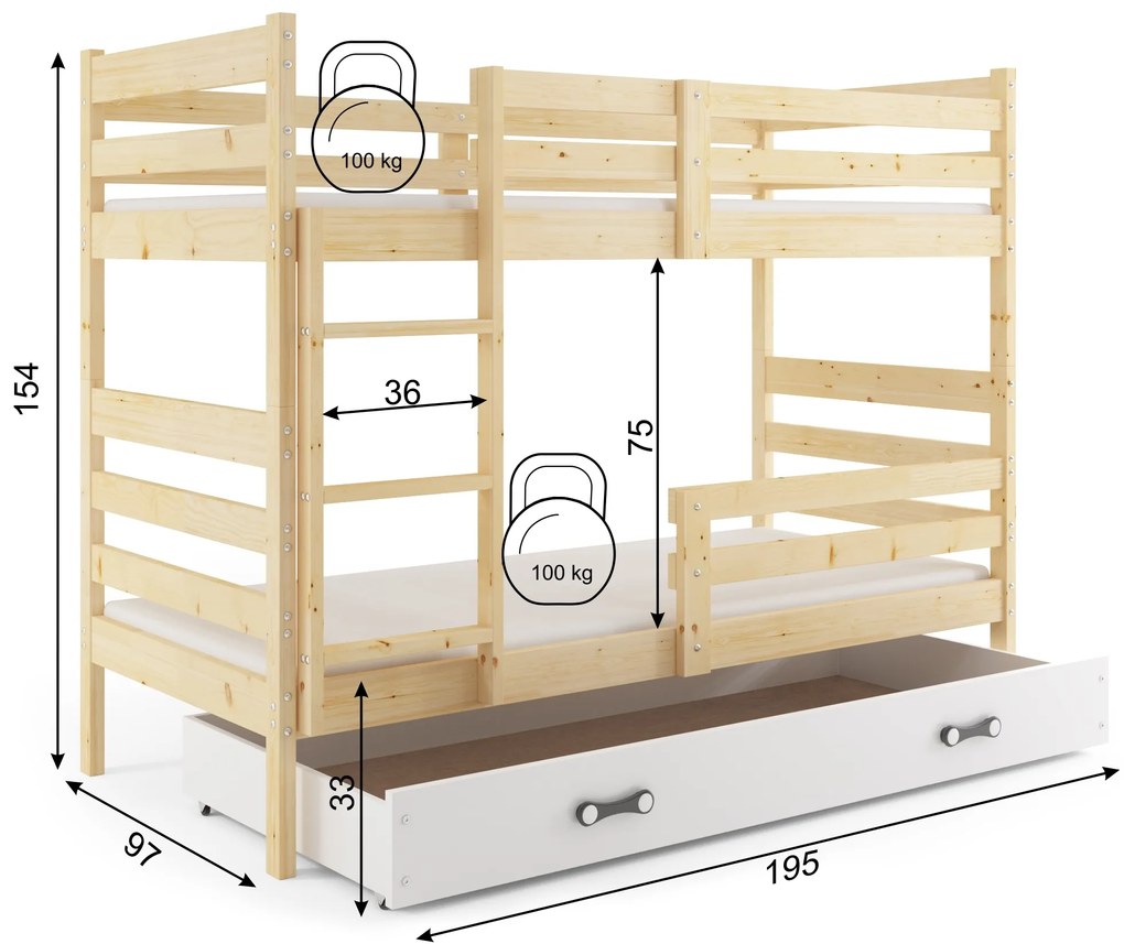 Poschodová posteľ so zásuvkou a matracmi ERIK natural 190x90 borovica - biela