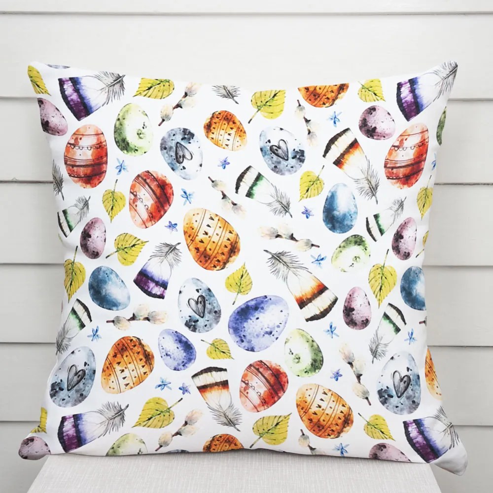 Biante Veľkonočná dekoračná obliečka na vankúš TF-075 Farebné kraslice a pierka na bielom 50 x 60 cm