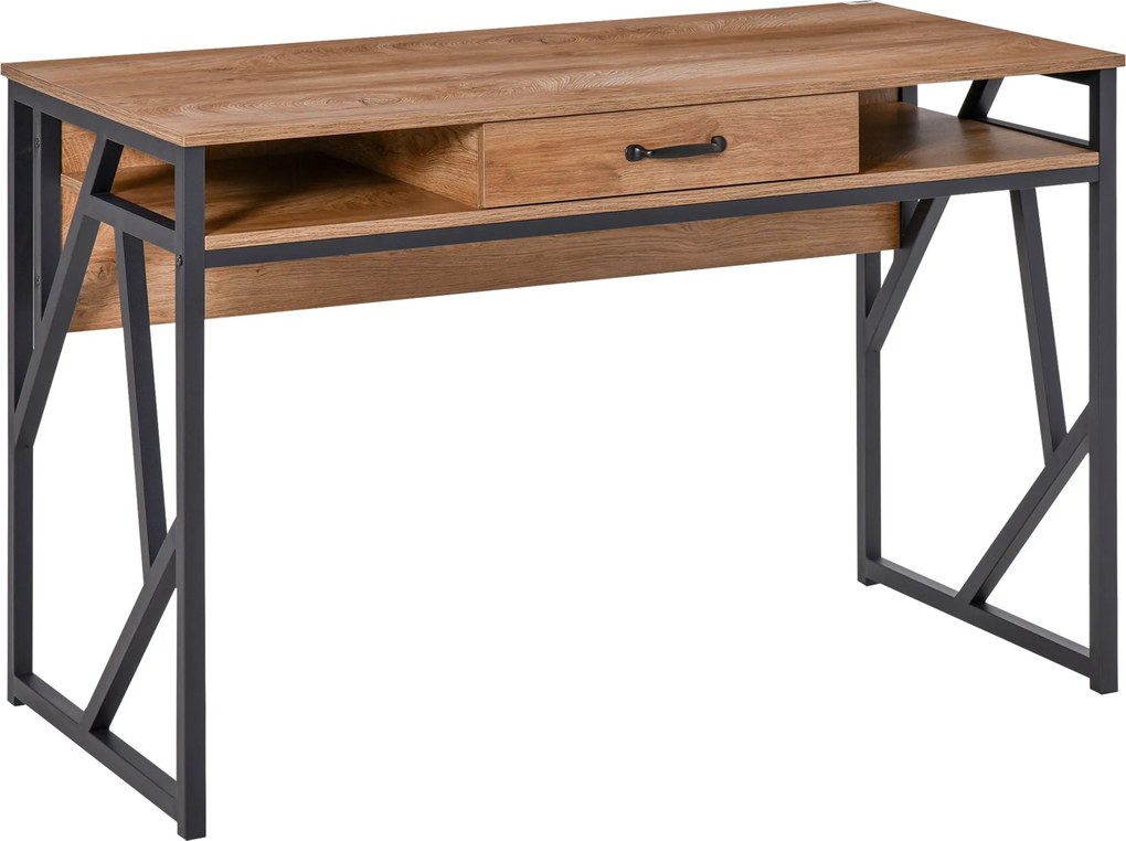 HOMCOM Stôl v priemyselnom štýle 120L x 60W x 76H cm s zásuvkou + 2 policami, čierne kovové nohy, vrch v orechovom drevotrieskovom designe | Aosom