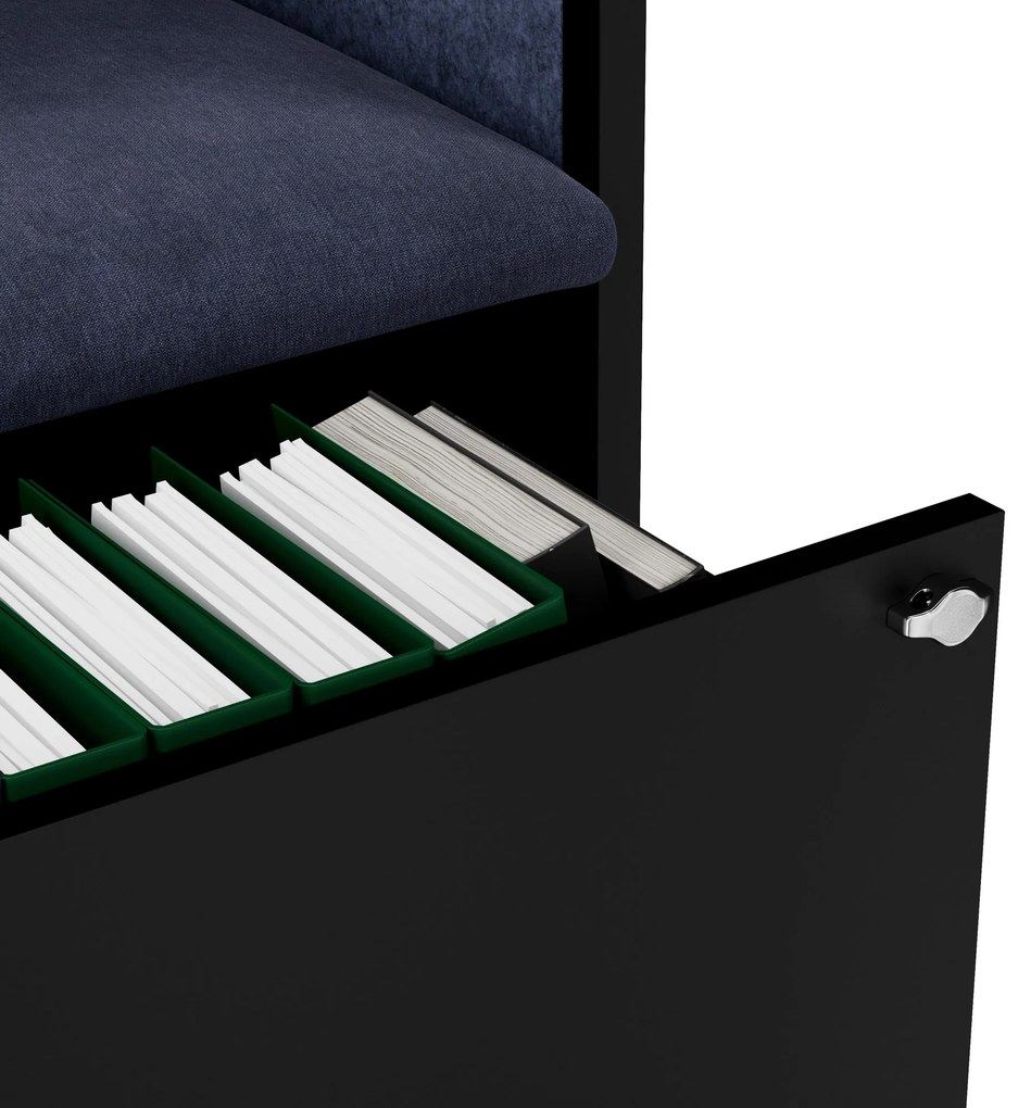 Kancelárska akustická kabína so sedadlom a portom USB-C, telo v čierny / sedák tmavomodrá v zelenej farbe, 1150 mm: SALLY MentalBox