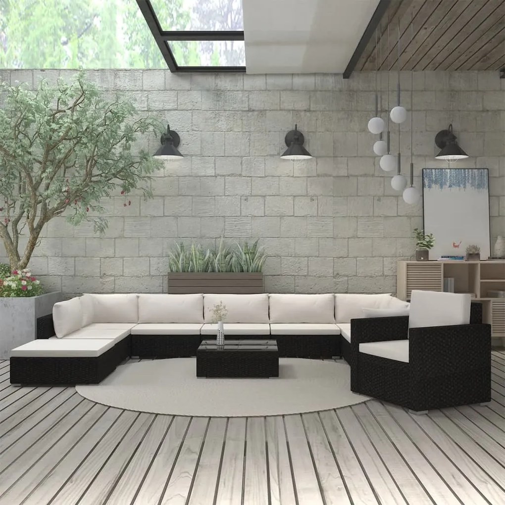 vidaXL 11-dielna záhradná sedacia súprava+podložky, polyratan, čierna
