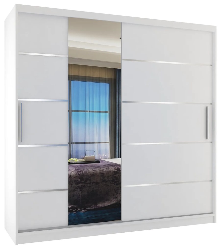 Šatníková skriňa 200 cm Belini biely mat s posuvnými dverami zrkadlom a zásuvkami MBP SZP5/1/W/W/0/KLAL