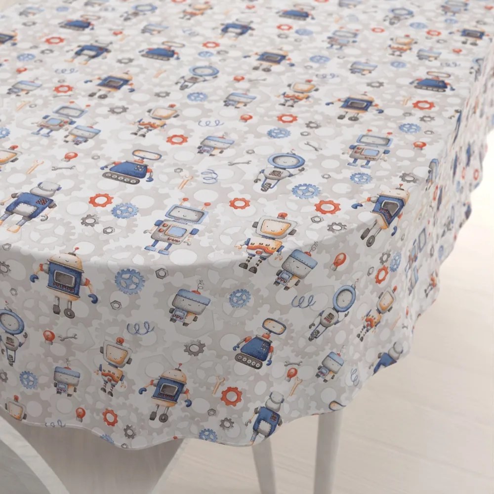 Biante Detský bavlnený oválny obrus Sandra SA-584 Svet robotov na sivo-bielom 50x100 cm
