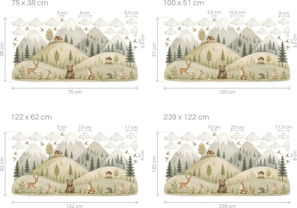 Kopčeky a zvieratká z lesa nálepky na stenu pre deti arch 75 x 38 cm
