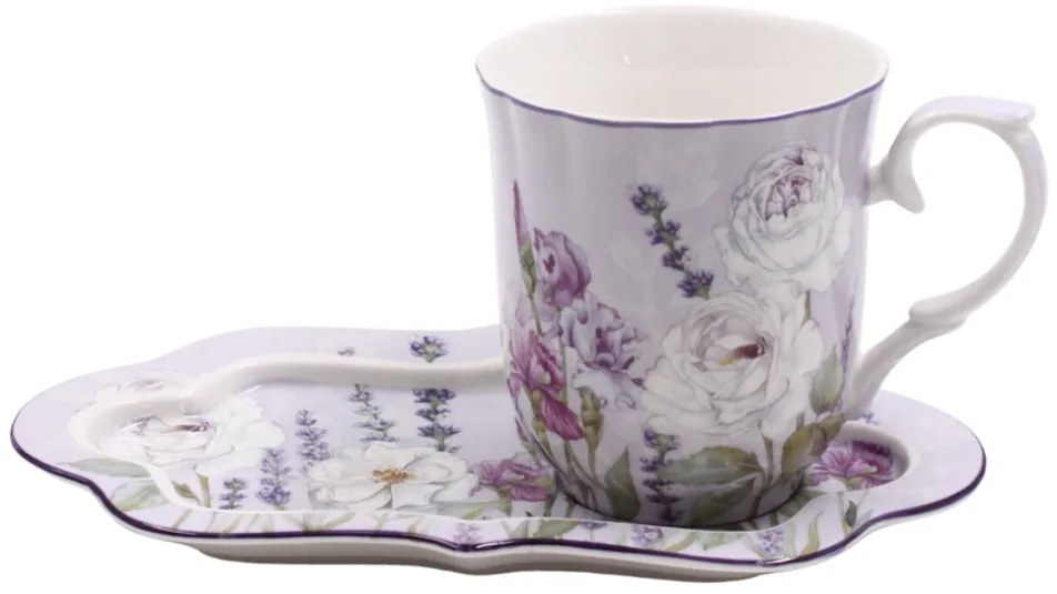 HOME ELEMENTS Porcelánový hrnček 360 ml s podšálkou, Levanduľa