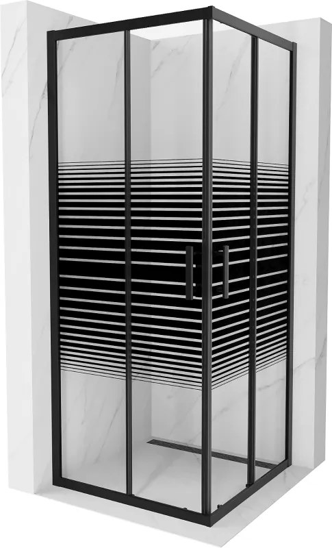 Mexen Rio, štvorcový sprchovací kút s posuvnými dverami 80(dvere) x 80(dvere) x 190 cm, 6mm číre sklo s pásikmi, čierny profil, 860-080-080-70-20