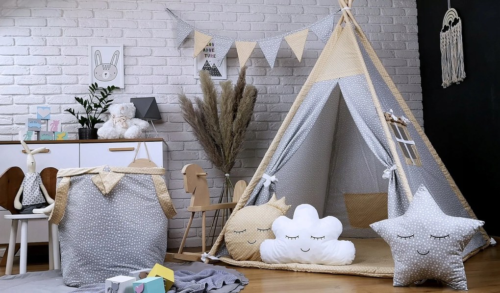 Detský kôš na hračky STARS - šedý/béžový