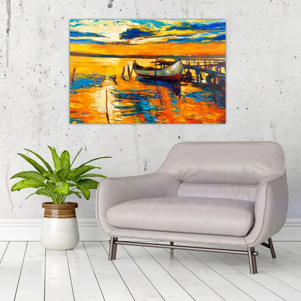 Obraz - Loďka pri západe slnka (90x60 cm)