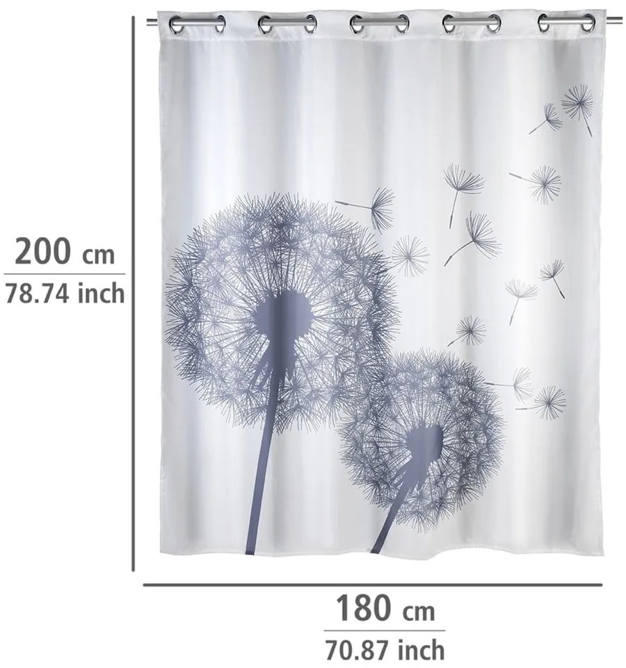 Biely sprchový záves s protiplesňovou povrchovou úpravou Wenko Dandelions, 180 × 200 cm