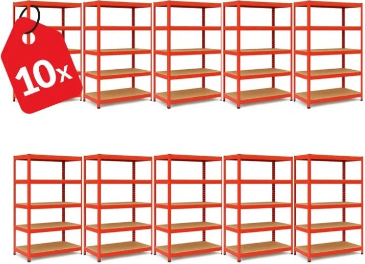 Akcia 10x Regál 180x90x40 cm lakovaný 5-policový, nosnosť 875 kg - červený